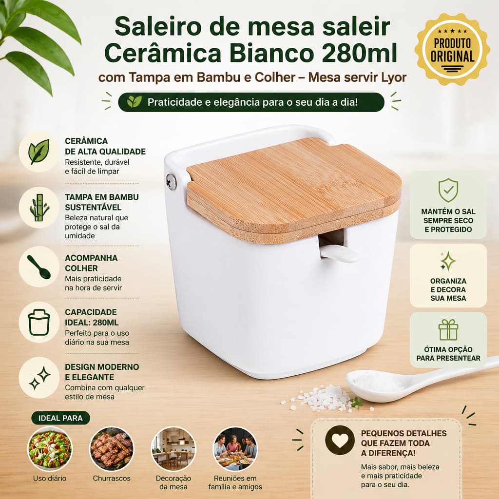 Saleiro de mesa saleir Cerâmica Bianco 280ml com Tampa em Bambu e Colher – Mesa servir Lyor