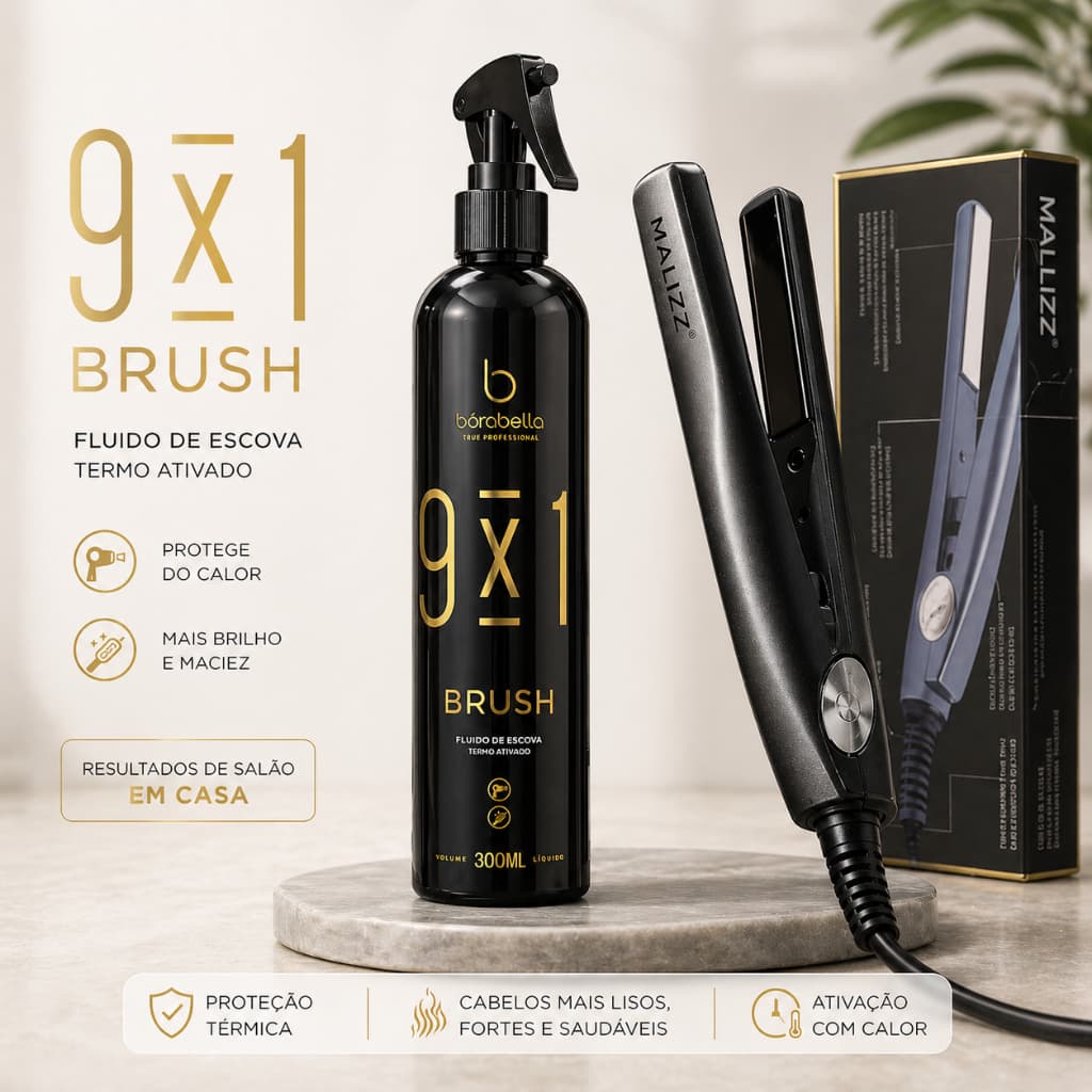 KIT ESCOVA PROFISSIONAL PRANCHA MINI LIZZE+ BRUSH 9X1 BORABELLA 300ML