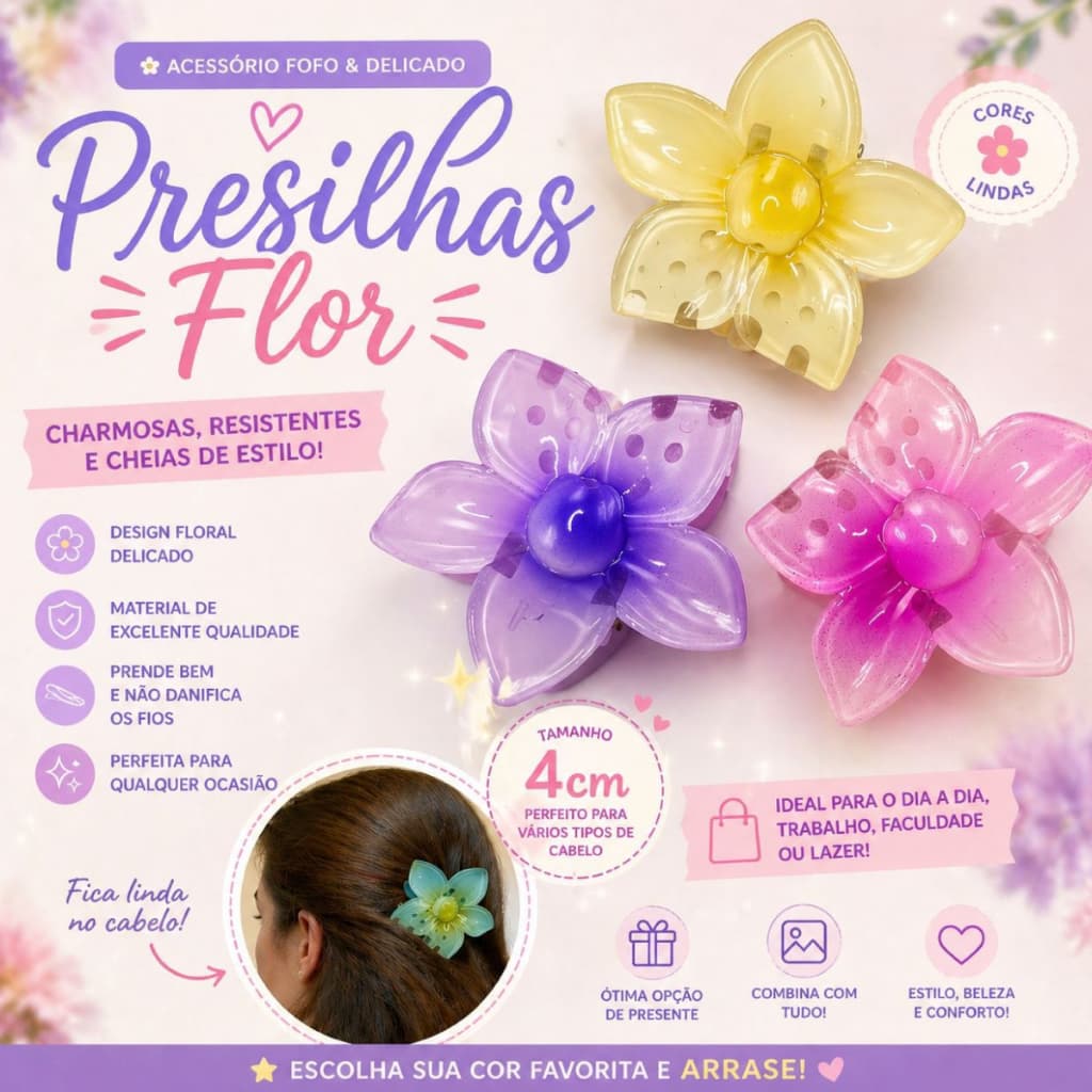 Kit 3 Presilhas de Cabelo Flor 4cm Feminina Delicada Colorida Resistente (Cores aleatórias)