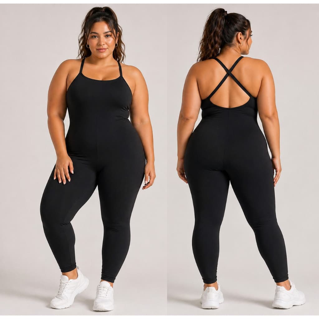 Macacão Plus Size ZERO TRANSPARÊNCIA Tecido grosso Tamanhos GrandesGG ao XG treino academia fitness longo alças cruzadas