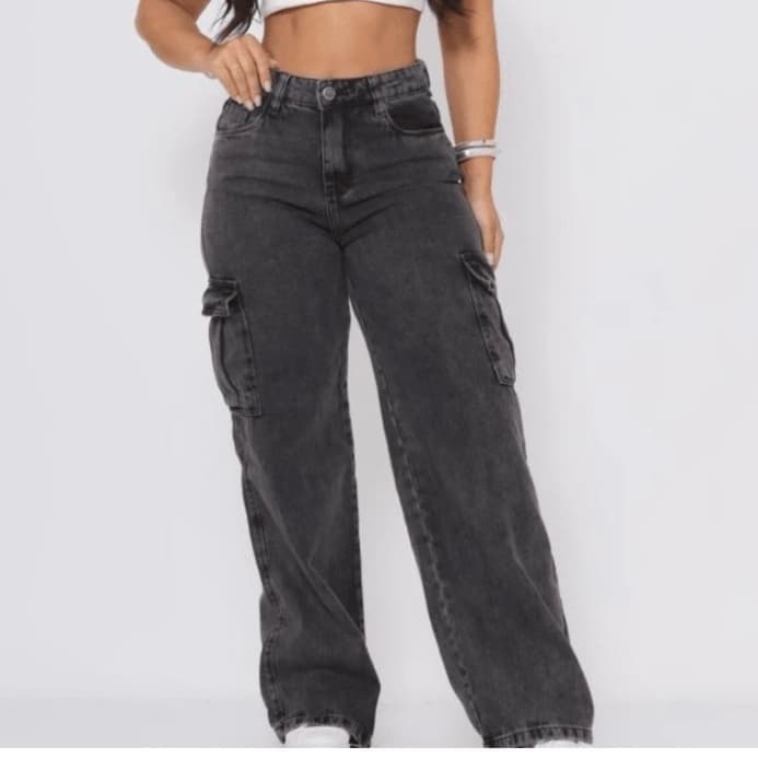 Calça Jeans Wideleg Feminina Cargo Grafite Bolso Lateral