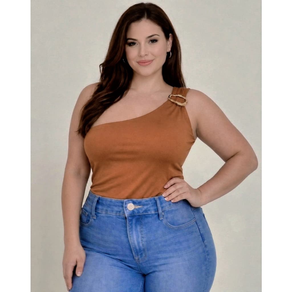 Blusa Feminina Elegante Mula Manca Assimétrica Casual Ombro Único com Fivela Dourada Plus Size