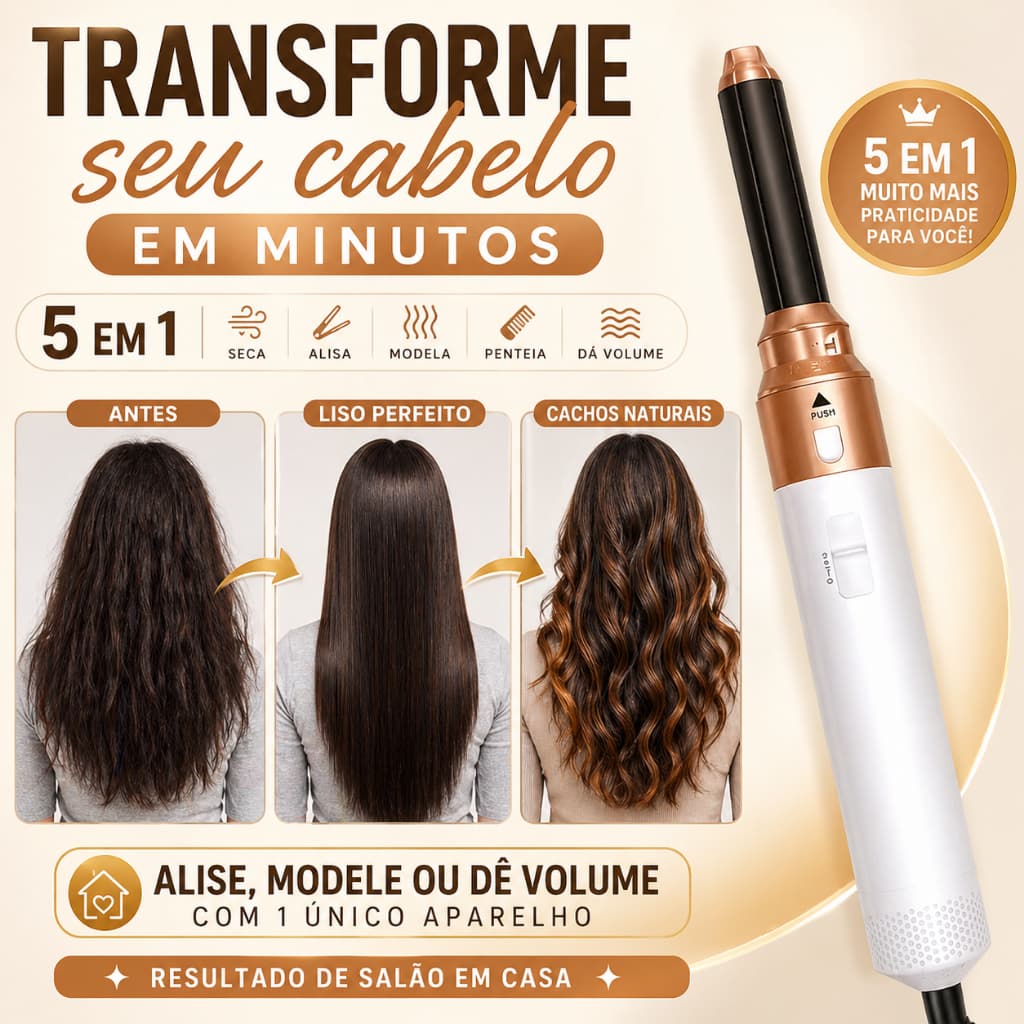 Escova Secadora Modeladora 5 em 1 110V Branca Dourada Alisa Seca Modela Cachos