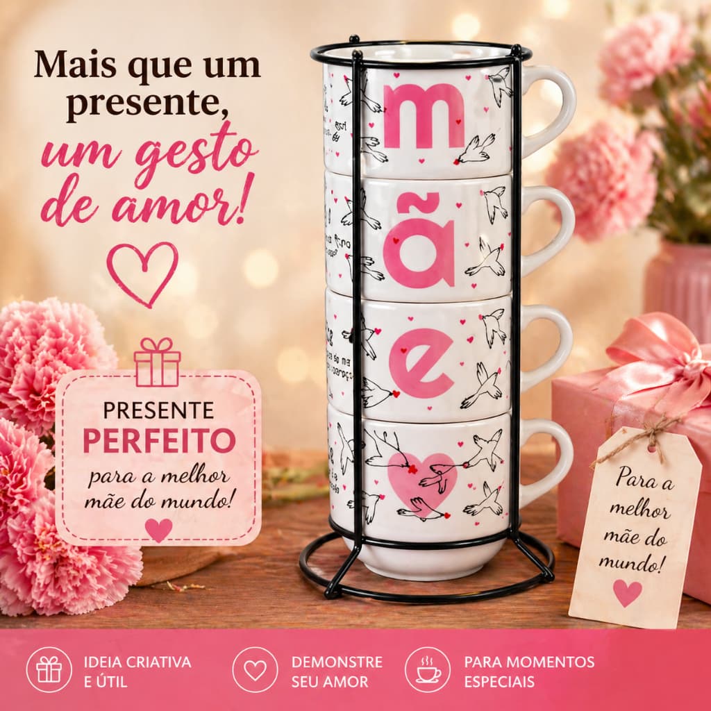 Presente Dia das Mães Kit 4 Xícaras com Suporte | Ideia Criativa Café da Manhã Especial para Mãe