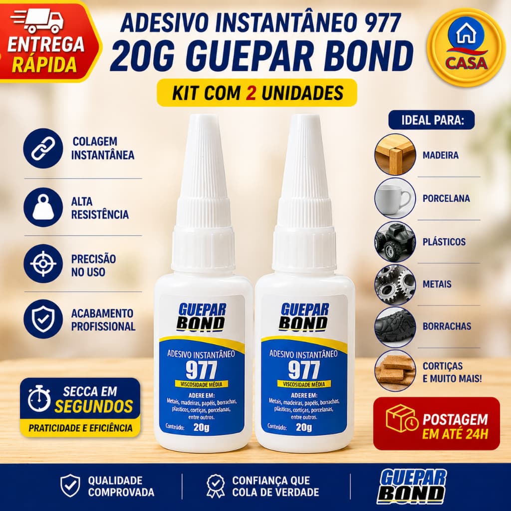 Kit 2x Cola Instantânea Guepar Bond 977 20g – Adesivo Super Forte Secagem Rápida Multiuso