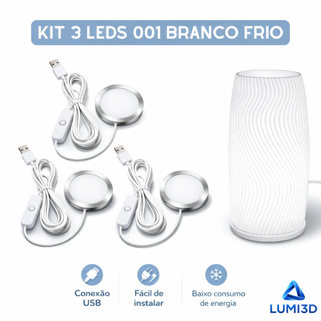 Kit 3x LED 001 Branco Frio USB 5V para Impressora 3D Bambu Lab Projeto DIY