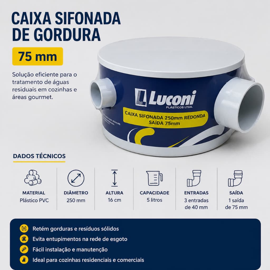 Caixa Sifonada de Gordura 5 Litros Com Saída de 75 mm