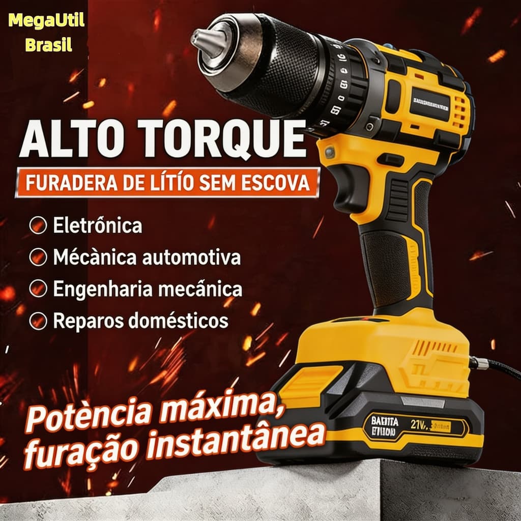 Furadeira Parafusadeira de Impacto 21V Brushless com 2 Baterias de Lítio e Kit Completo Multifuncional