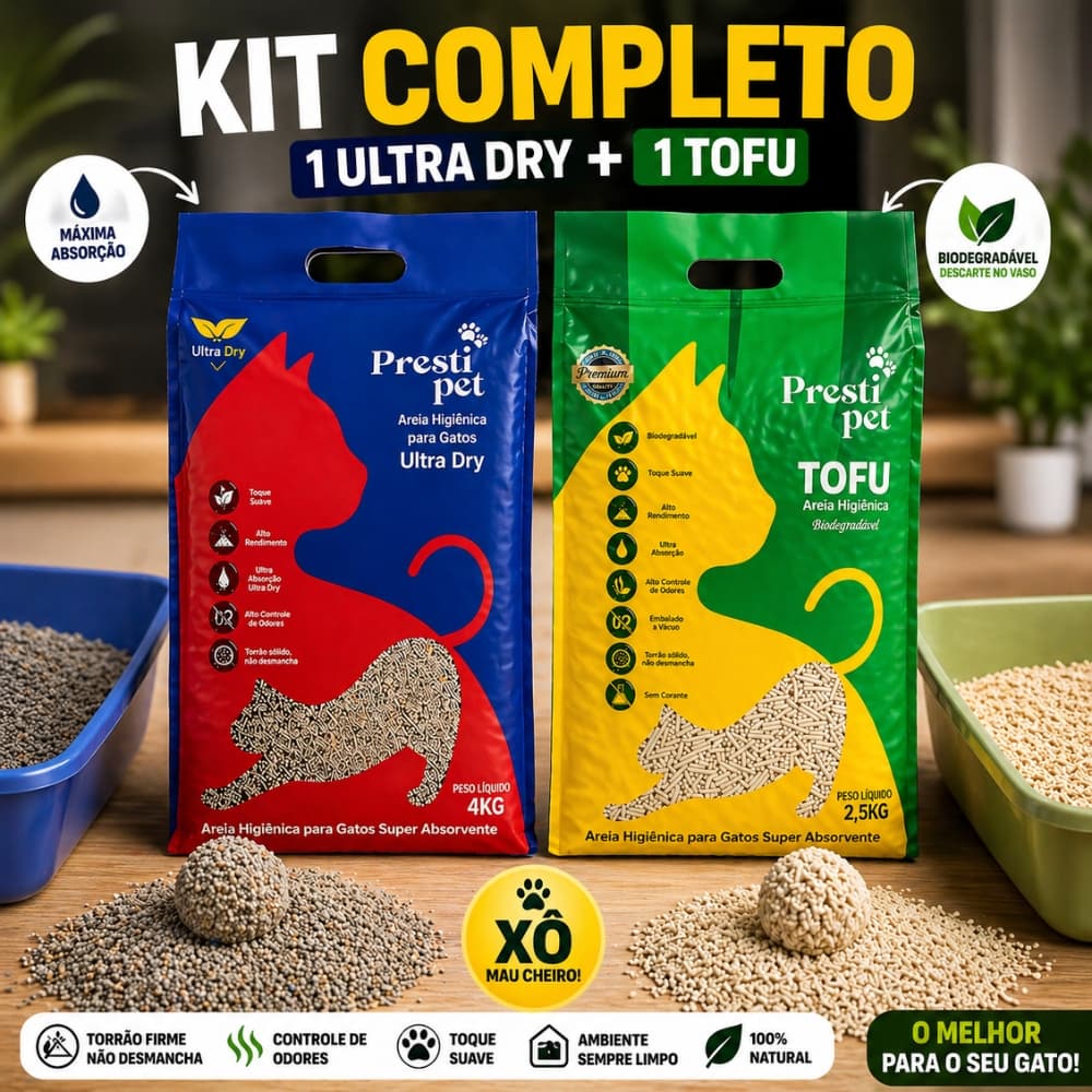 Kit Areia Gato 2 Unidades Ultra Dry + Tofu Biodegradável Alta Absorção Sem Cheiro