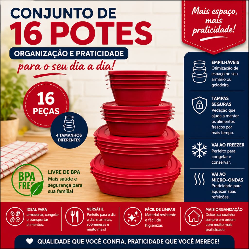 Kit 16 Potes Cozinha Herméticos BPA FREE para Armazenamento de Alimentos Freezer