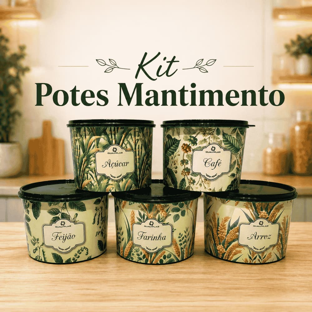 Kit 5 Potes Mantimento Decorado Arroz Feijão Café Açúcar Farinha Cozinha