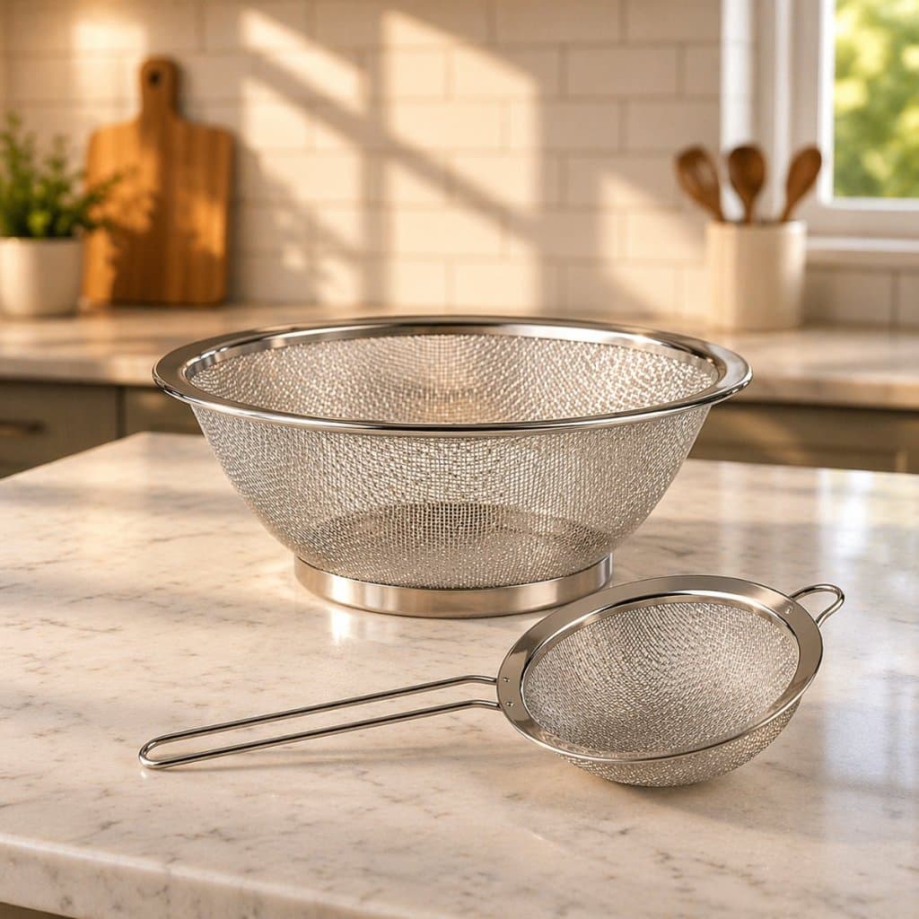 Kit Escorredor Telado Massa + Peneira Coador Inox Cozinha Alimento Utensilio