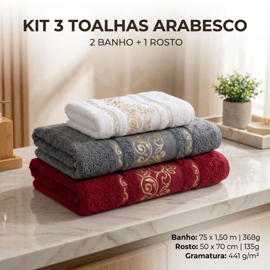 Jogo 3 Peças Toalha Arabesco 2 Banho + 1 Rosto 100% Algodão Banhão Conforto Premium