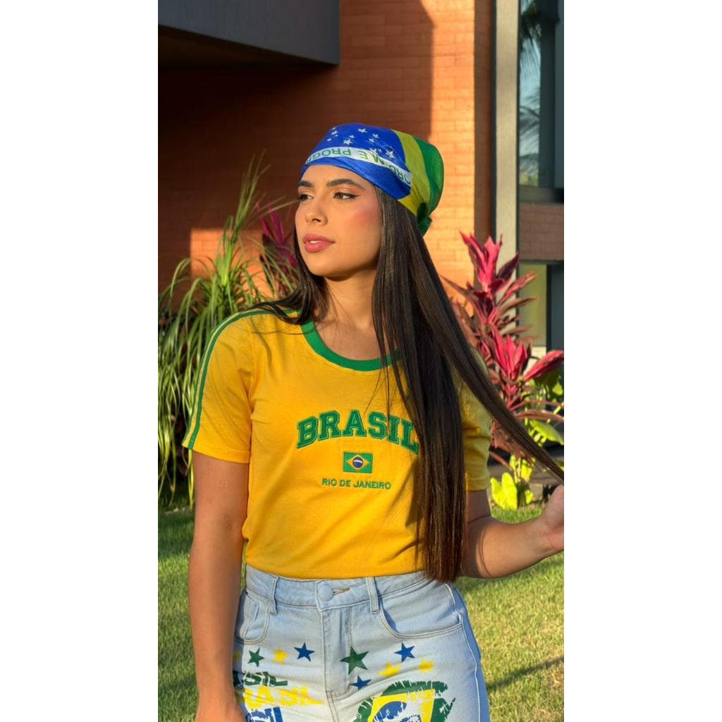 Camisa Brasil Bordada BabyLook Feminina