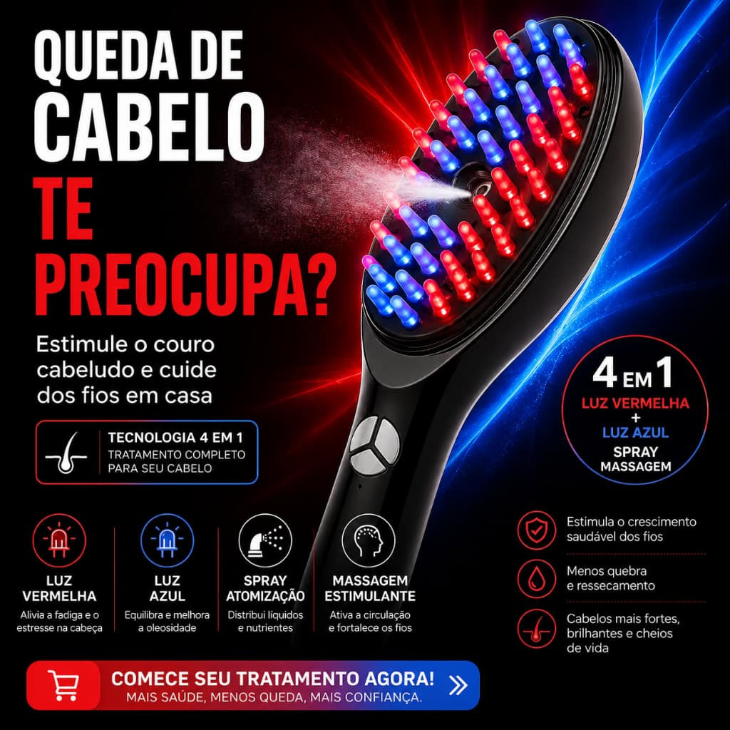 Pente Massageador Capilar Antiqueda com Laser 4 em 1 Estimula Crescimento e Relaxa Couro Cabeludo