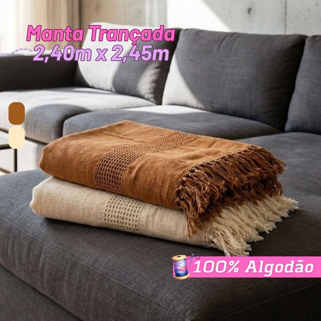 Manta Trançada Decorativa para Sofá 2,40m x 2,45m 100% Algodão Toque Macio