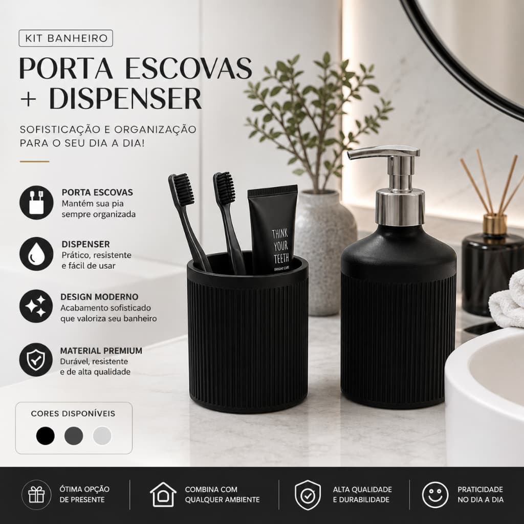 Kit Banheiro Porta Escovas + Dispenser Sabonete Líquido Preto Luxo Organizador Pia Lavabo Decoração Moderna Acessórios B