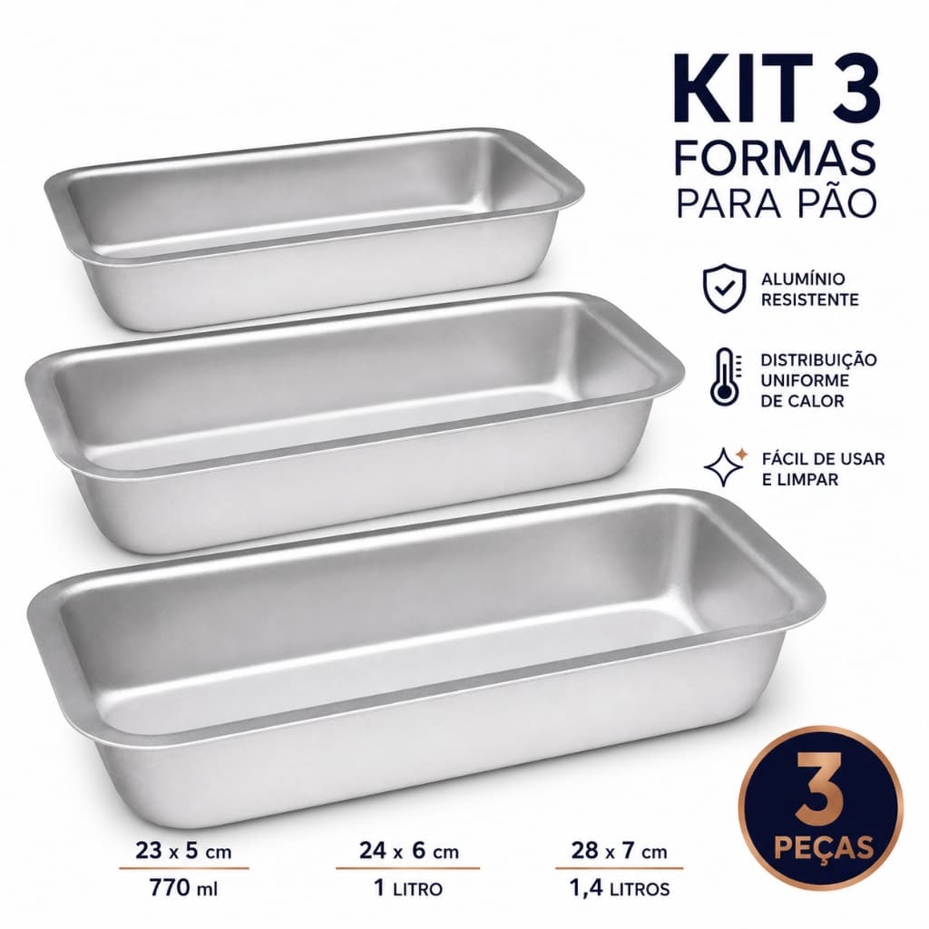 Formas Aluminio Assar Pao Kit 3 Peças Resistente Leve Durável Facil Uso