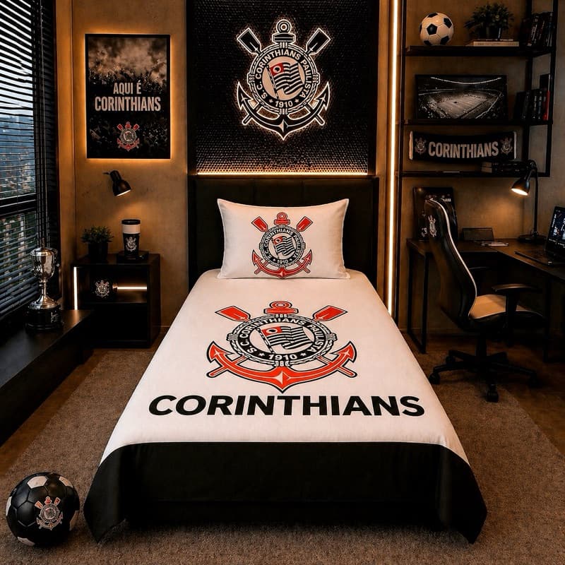 Jogo de Cama Solteiro Corinthians Luxo 150 Fios Lençol + Fronha Estampado Premium Toque Macio Futebol Torcedor