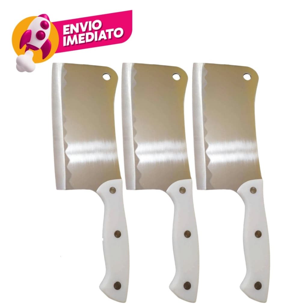 Cutelo Machadinha Inox 6” Profissional Chef Facão Cozinha Açougueiro Cabo Branco Kit C/1, 2 ou 3 Un