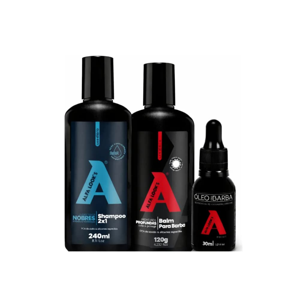 Kit Shampo 2 Em 1, Balm E Óleo Para Barba Alfa Looks