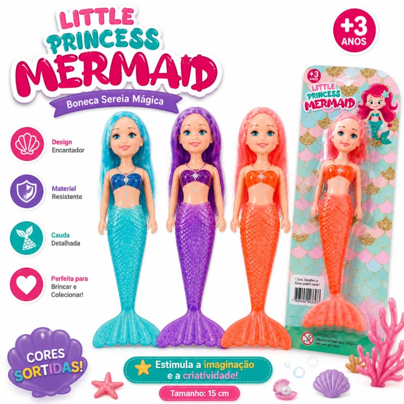 Boneca mini Sereia Princesa Brinquedo Infantil Menina 20cm Nada Na Piscina Banho Banheira