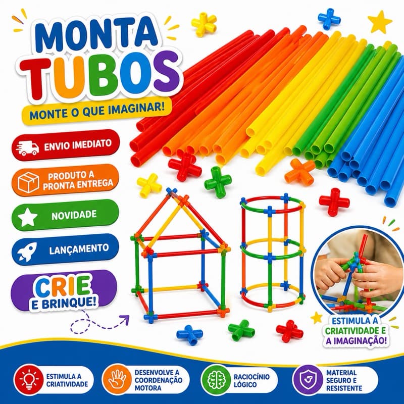 Blocos de Montar TUBOS Coloridos | Brinquedo Educativo Infantil Estimula Criatividade e Coordenação Infantil +3