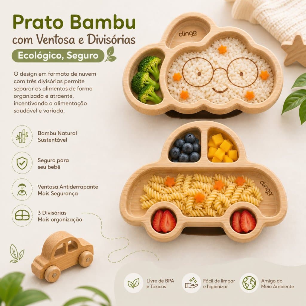 Prato Bambu com Ventosa e Divisórias - Ecológico, Seguro - Formatro Nuvem ou Carrinho