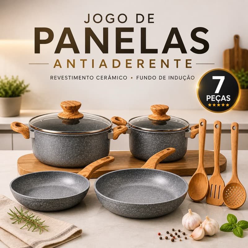 Jogo de Panelas Antiaderente 7 Peças Revestimento Cerâmico Indução Kit Completo
