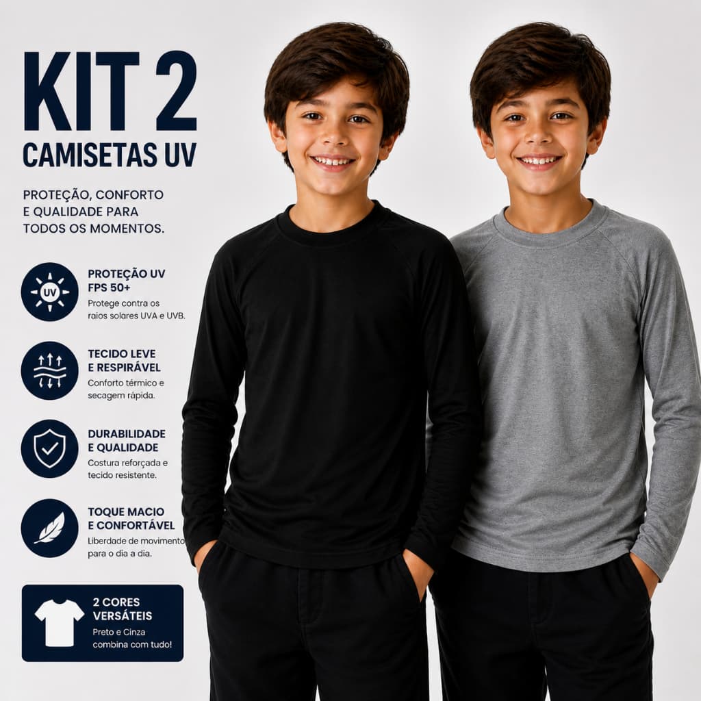 Kit Com 2 Peças Camisa UV Juvenil Manga Longa Térmica Blusa de Proteção Solar UV50