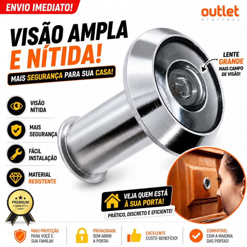 Olho Mágico Para Porta Portão de Madeira Larga de Metal Cromado Largura de 35 A 60mm Segurança Casa