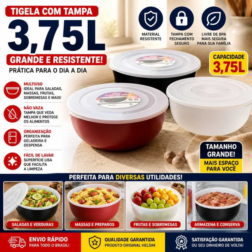 Tigela com Tampa 3,75L Grande Bacia Multiuso Cozinha Saladeira Pote com Tampa Geladeira Resistente - HELSIM Cores