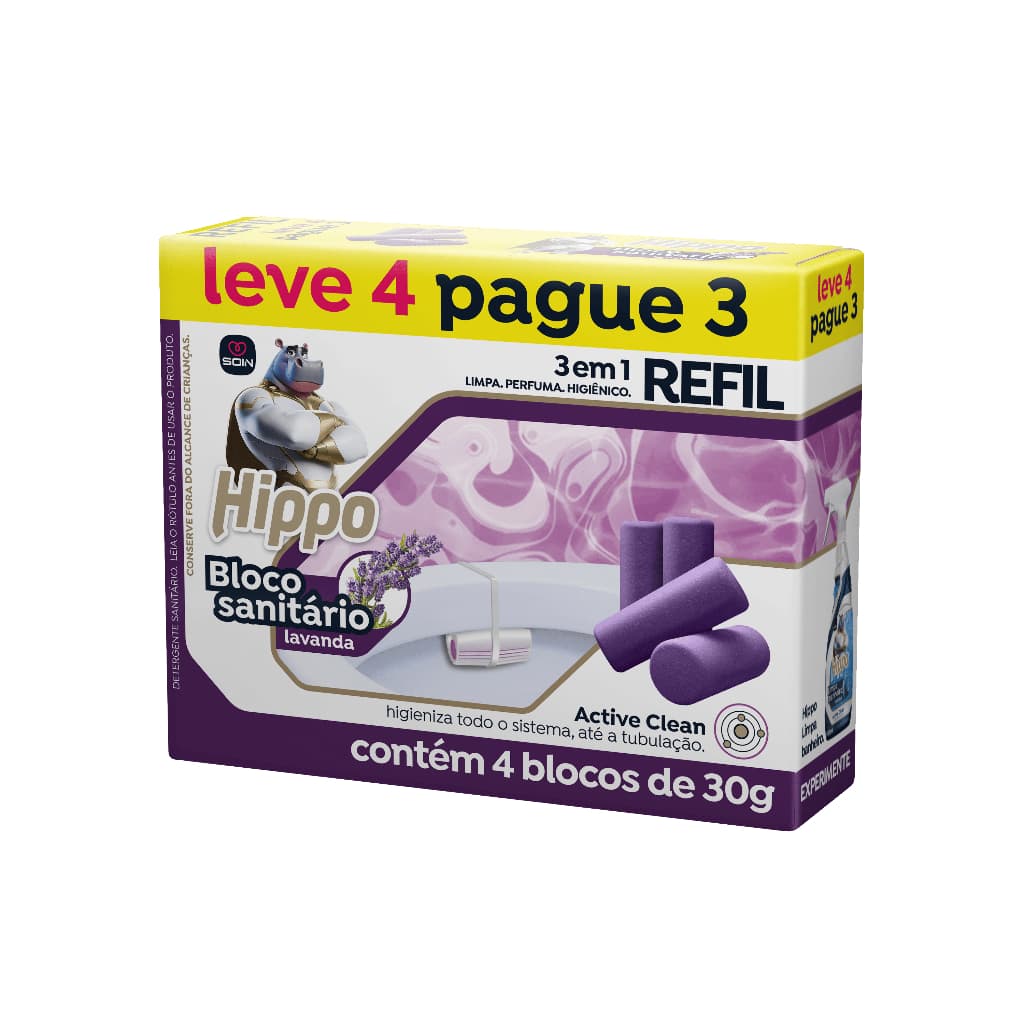 Kit Bloco Sanitario Refil Hippo Lavanda 30g - Leve 4 Pague 3