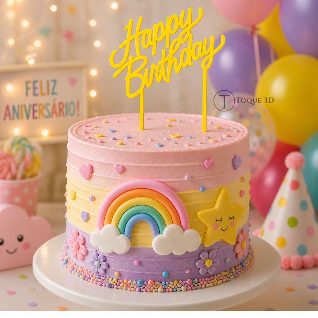 Topo De Bolo Happy Birthday, Feliz Aniversário, Decoração