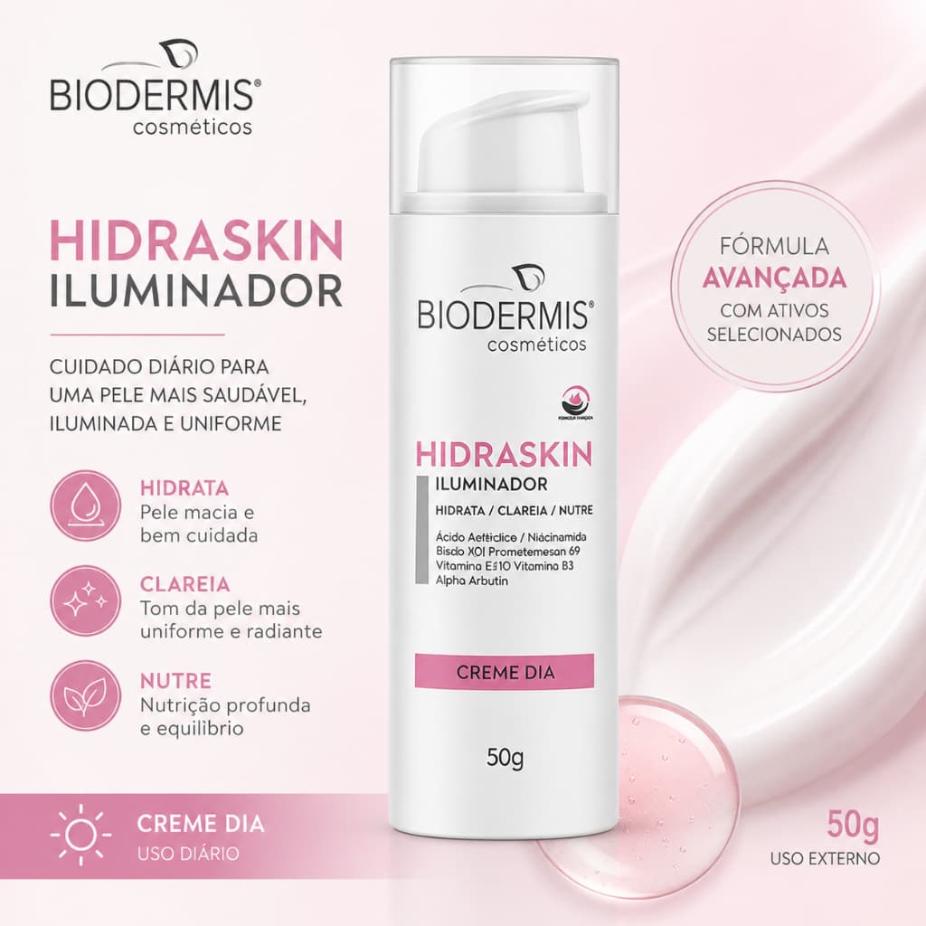Creme Hidraskin dia Iluminador Clareador Despigmentante Facial Hidrata, Clareia e Nutre Biodermis