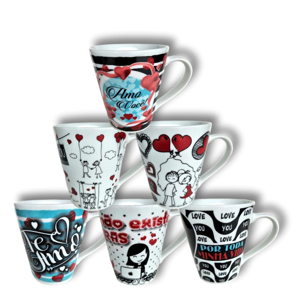 Canecas de porcelana brancas, cônicas, decoradas, 290 ml, xícara, café, chá, Col3-NAMORADOS - 6 canecas