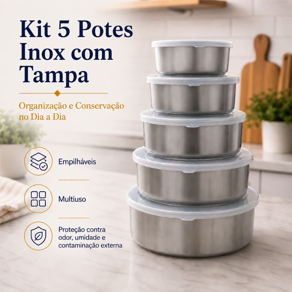 Kit 5 Potes Inox com Tampa, Marmita, Tigela, Organizador de Alimentos, Empilhável, Cozinha