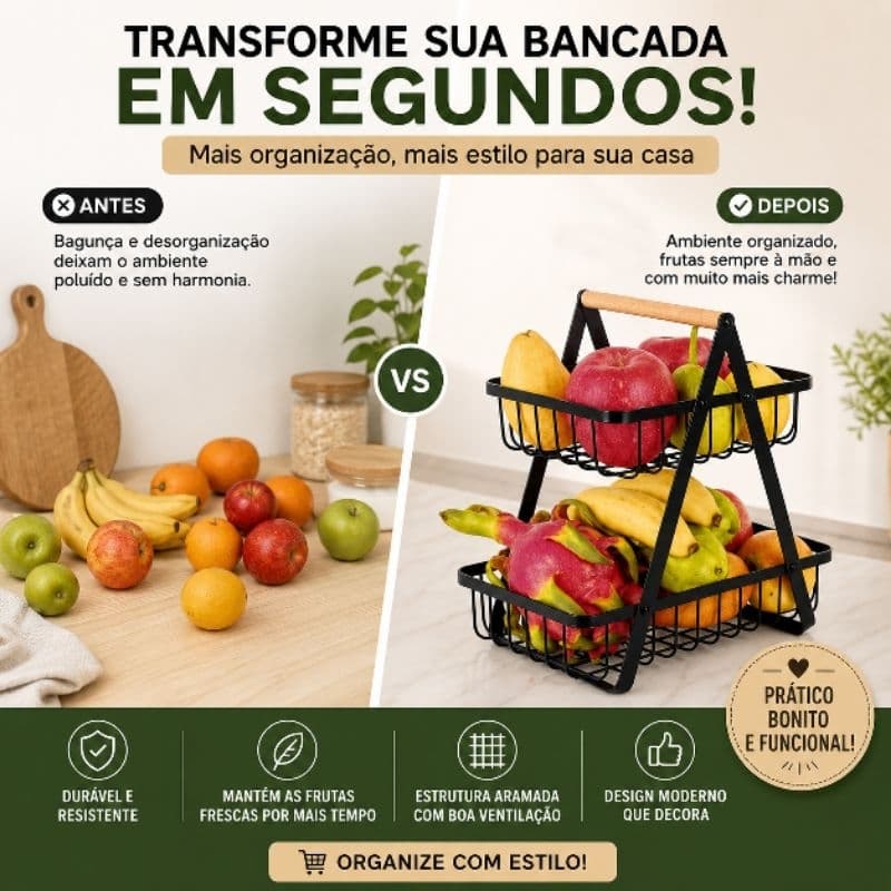 Fruteira 2 Andares Preta Aço Inox com Alça Madeira Organizador de Mesa Cozinha Desmontável