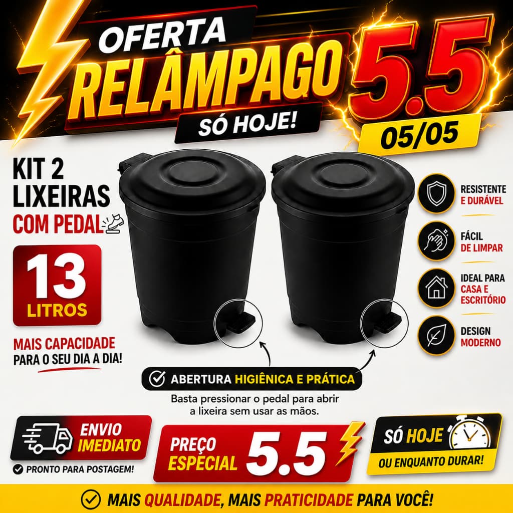 Kit 2 Lixeiras 13 Litros Com Pedal Reforçada Preta Ideal Para Cozinha, Banheiro, Lavanderia ou Escritório