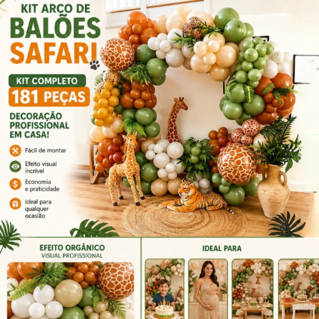 Kit Arco De Balões Safari 181 Peças Decoração Festa - Selva