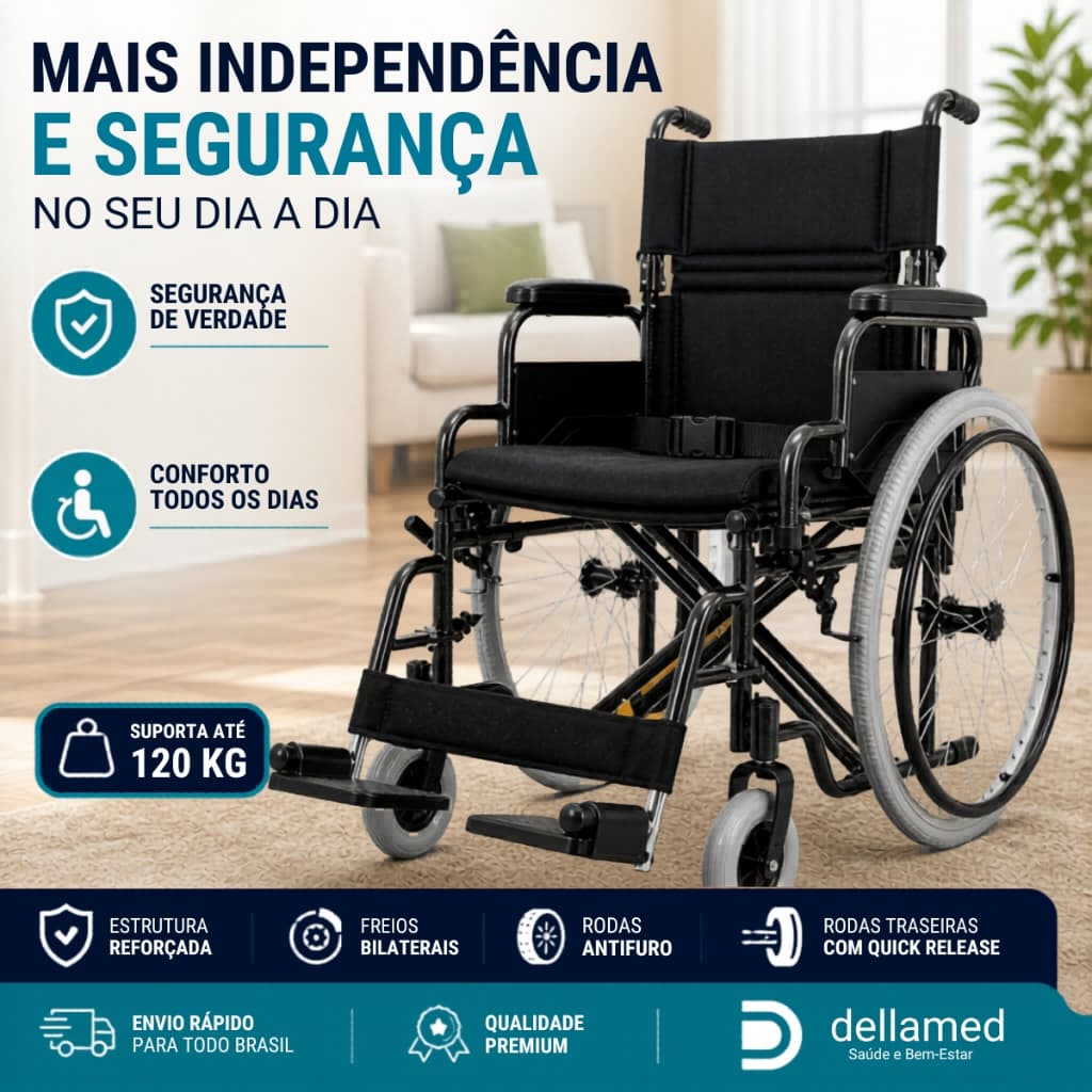 Cadeira de Rodas Dobrável com Cinto e Almofada até 120kg Braços escamoteáveis  - Dellamed D400