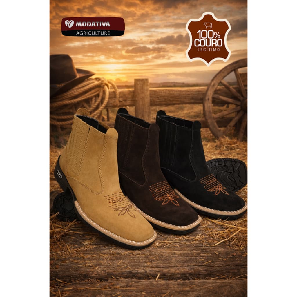 Botina Country Texana Masculina Feminina Couro Nobuck Legitimo Western Quadrado Marrom Preta Amarela