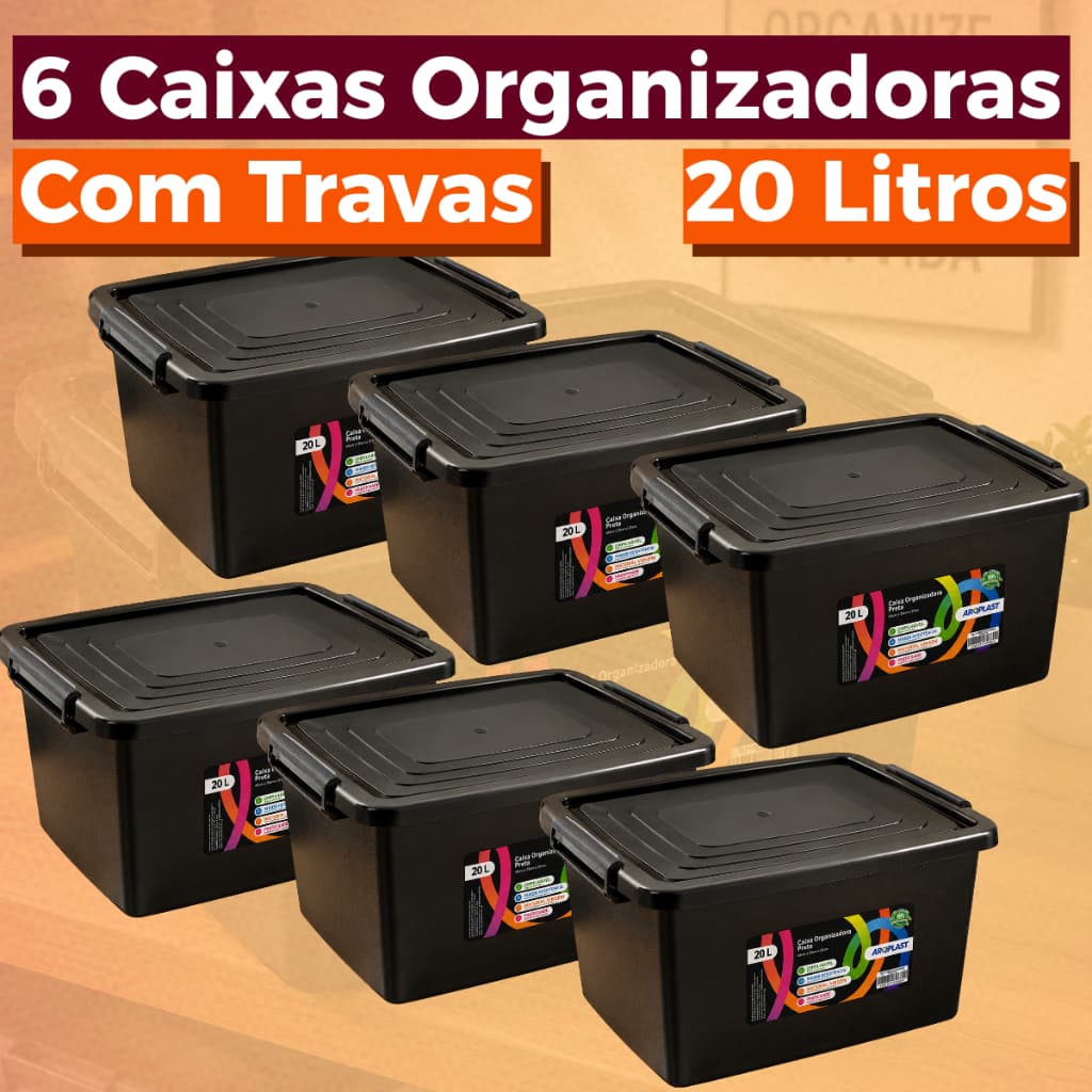 Kit Jogo 6 Caixas Cesto 20 Litros Caixa Organizadora Pretas Com Tampa e Trava Organizador Preto