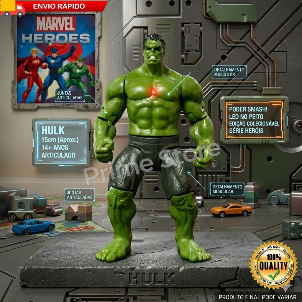 Boneco Hulk Articulado com Luz no Peito 15cm Herói Vingadores