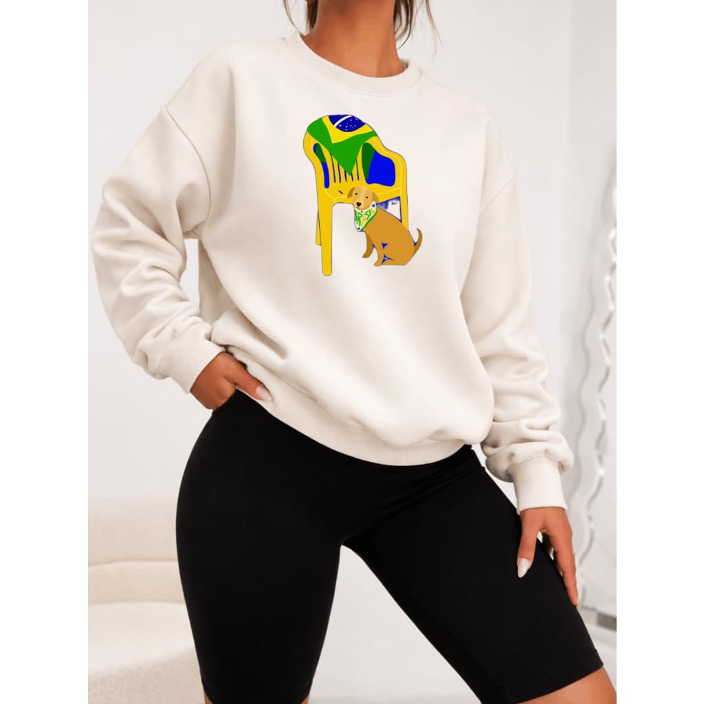 Moletom Careca Feminino Brasa Blusa De Frio Estampado Gola Canelada Inverno Brasil Brasuca Copa Seleção Algodão