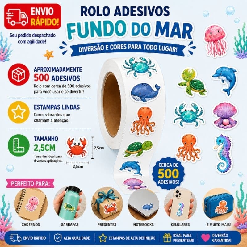 Rolo Adesivo 500 Peças Fundo Do Mar Oceano Mundo Subaquático Vida Marinha 2,5 cm