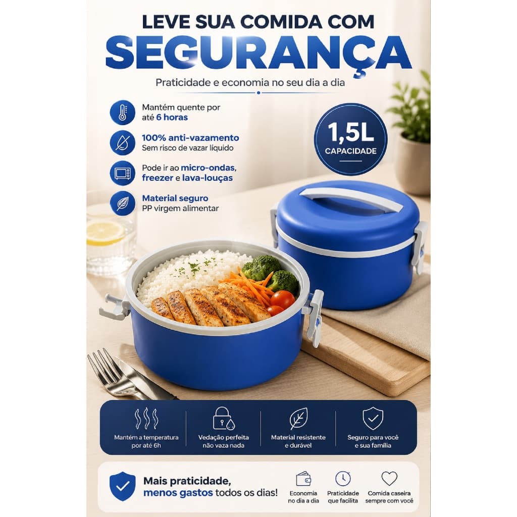 Marmita Térmica 1,5L Anti Vazamento Mantém Quente e Frio por Até 6 Horas com Alças