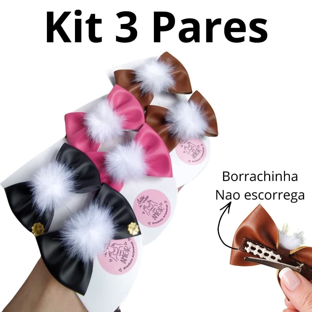 Laços De Cabelo Infantil Kit 3 Pares Com Pompom Lacinhos Para Bebê Ou Menina Não Escorrega