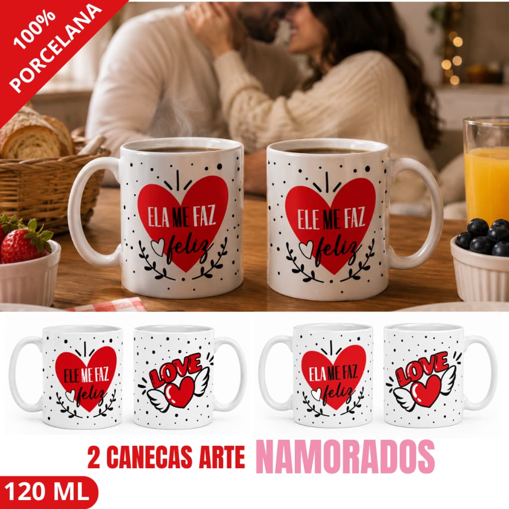 KIT 2 Canecas Porcelana 120 ML Me faz Feliz Dia dos Namorados