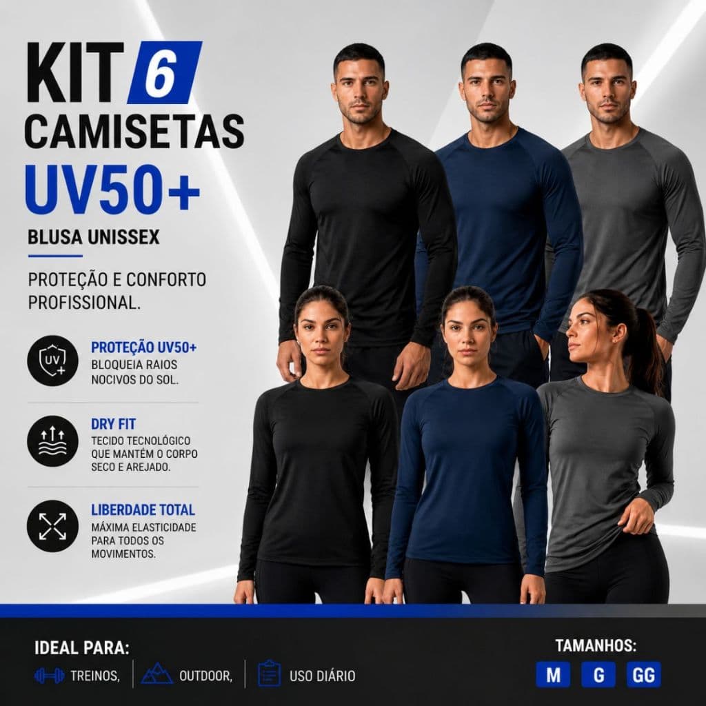 Kit 6 Blusa Segunda Pele UV50+ Camiseta Térmica Unissex Manga Longa Academia Fitness